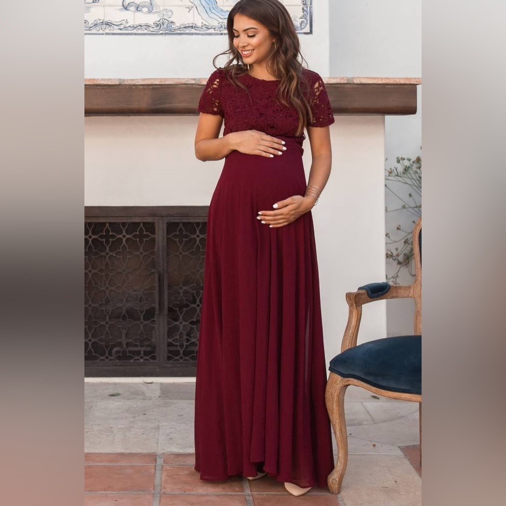 Burgundy Crochet Top Open Back Maternity Evening Gown